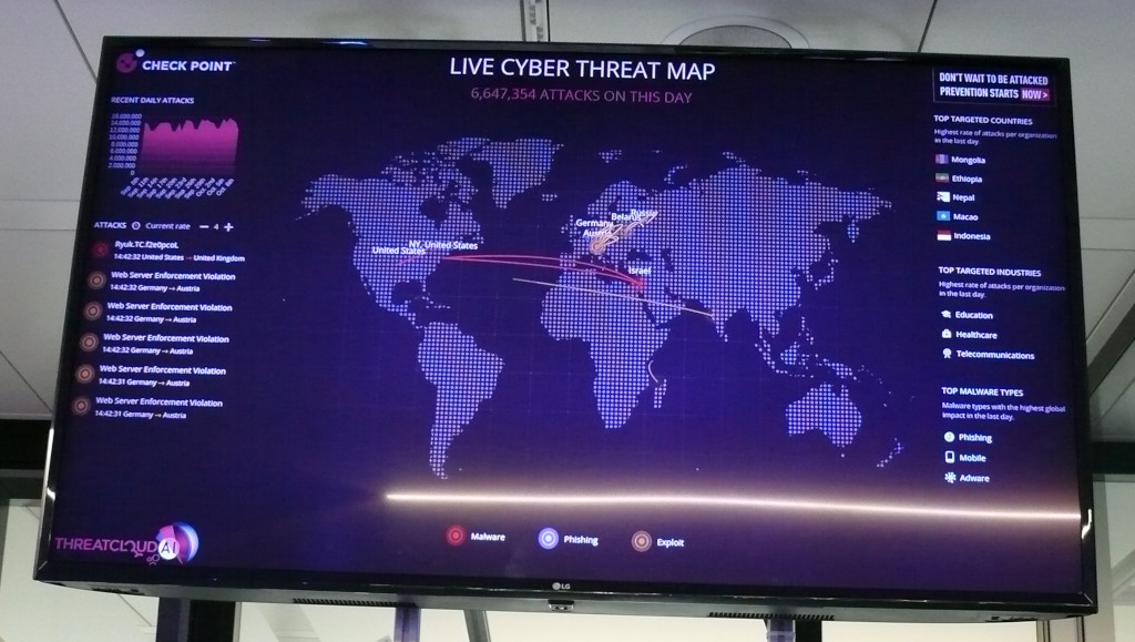 Monitorbild mit einer Live Cyber Threat Map