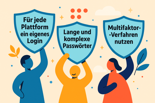 3 Schutzschilde für Passwortsicherheit, Jeder Zugang eine eigene Kennung, Lange und komplexe Passwörter, MFA nutzen